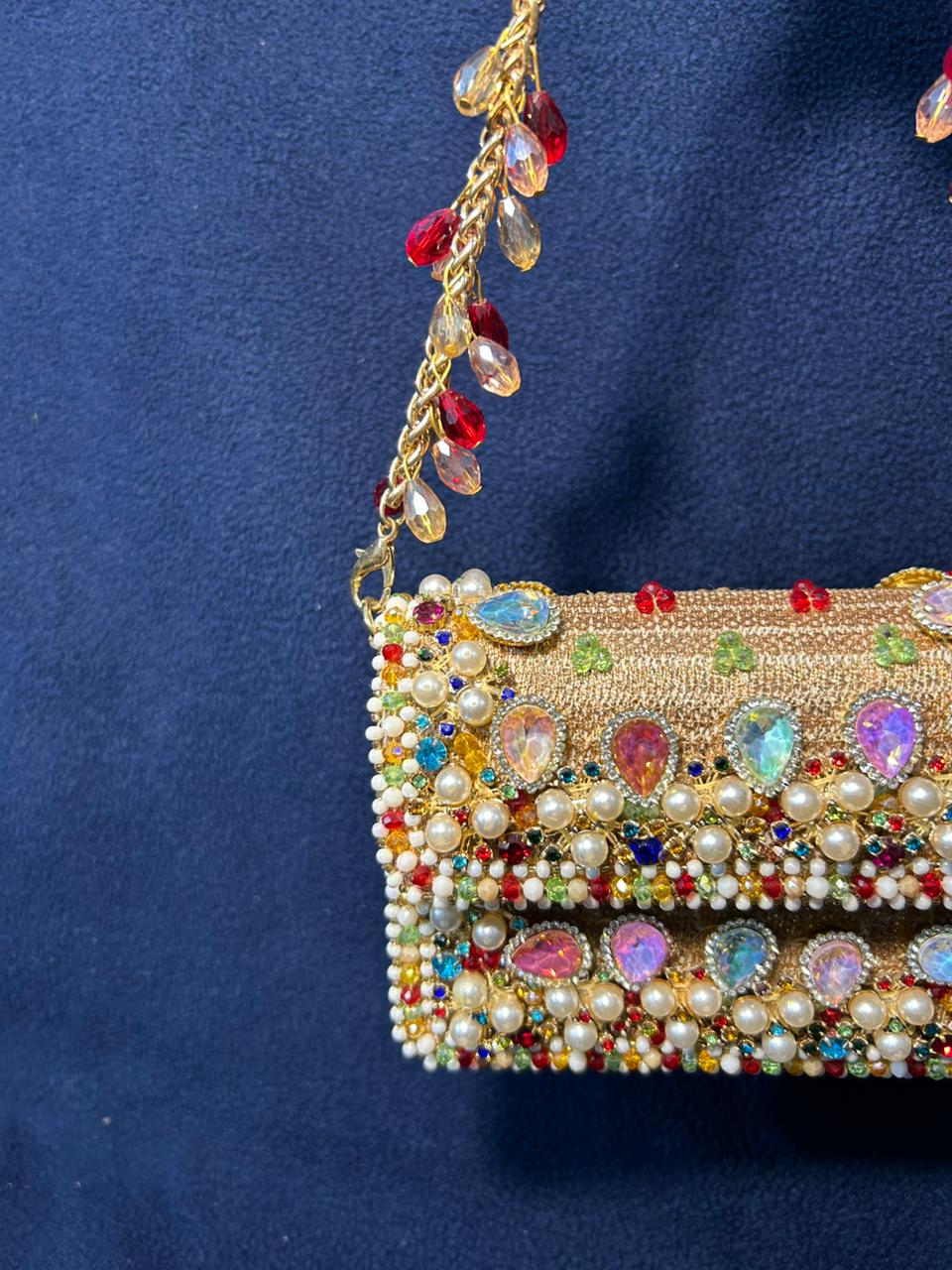 Golden Radiance Handcrafted Beaded Clutch with Multicolor Gem Embellishments