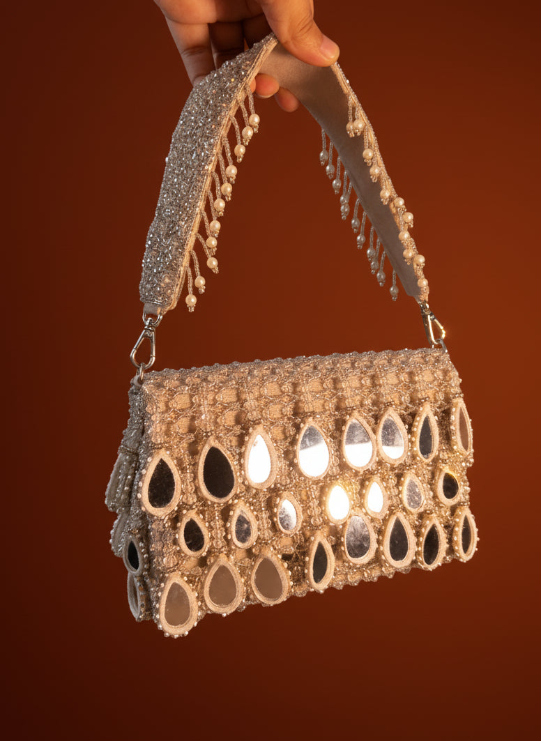 Silver Mirror Drop Beaded Clutch Bag - Handcrafted Party & Wedding Purse