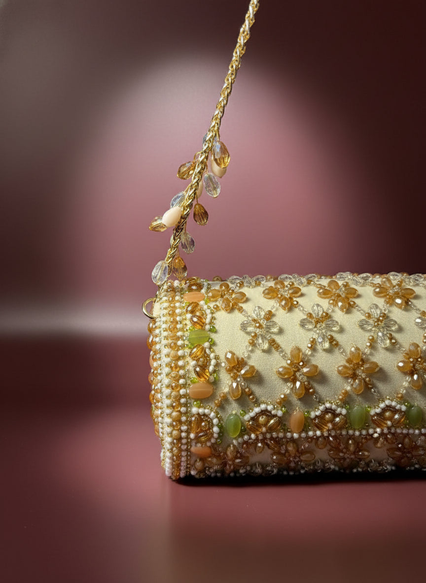 Ivory Floral Handcrafted Beaded Clutch - Embellished Party & Wedding Handbag for Women