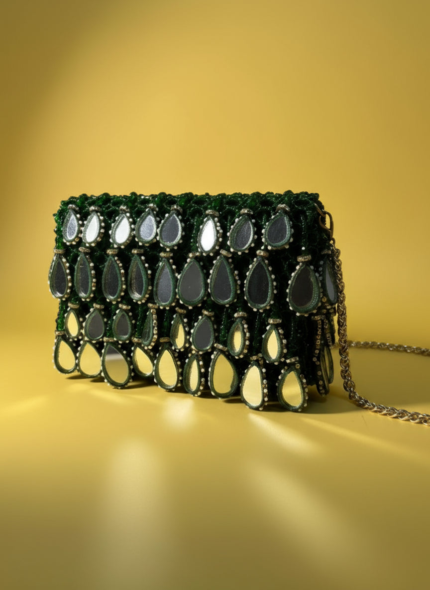 Green Mirror Drop Beaded Clutch Bag - Handcrafted Party & Wedding Purse