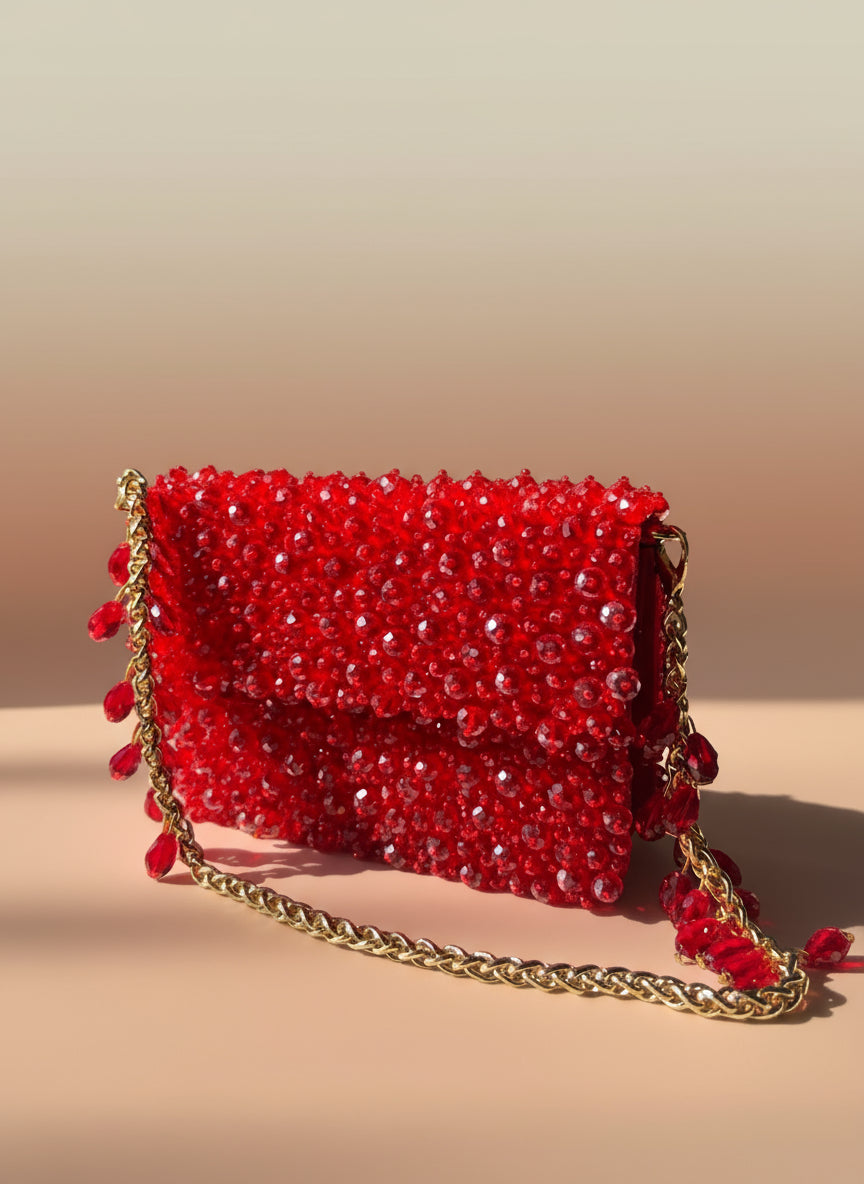 Red beaded handbag clutch chain bag red moti bag 