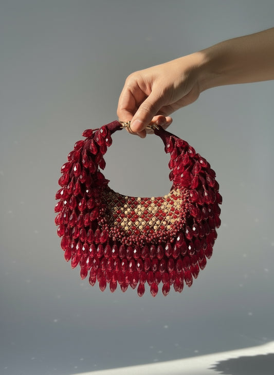 Red beaded handbag maroon clutch red moti bag
