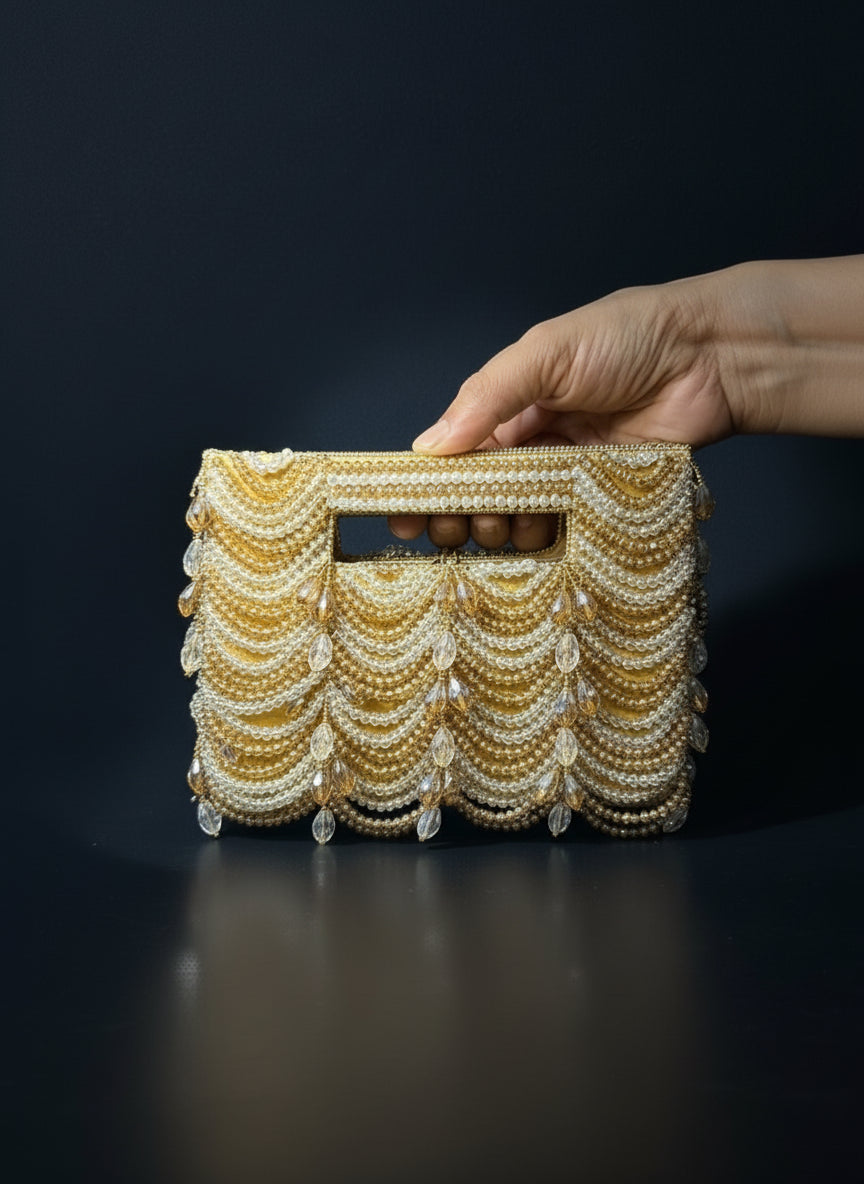Golden Beaded Festive & Party Clutch - Evening Bag for Women