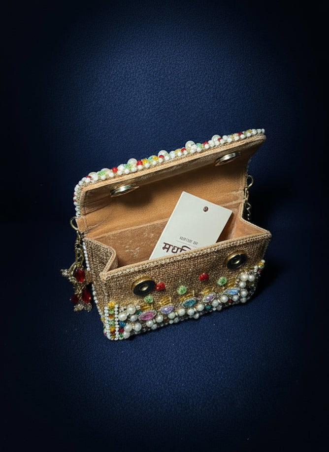 Golden Radiance Handcrafted Beaded Clutch with Multicolor Gem Embellishments