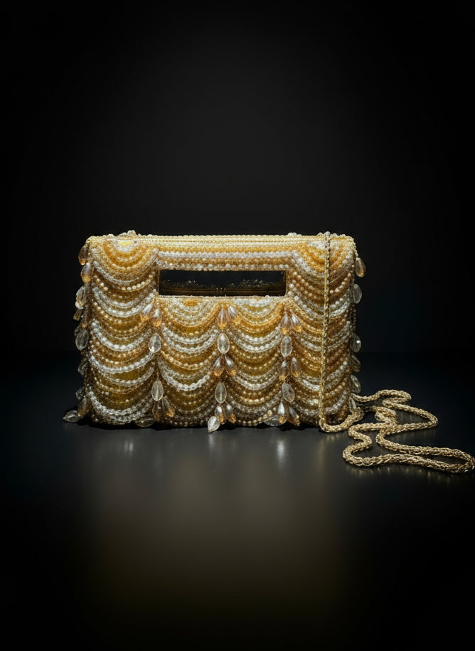 Golden Beaded Festive & Party Clutch - Evening Bag for Women