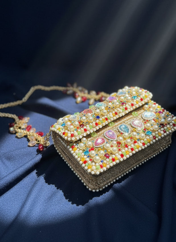 Golden Radiance Handcrafted Beaded Clutch with Multicolor Gem Embellishments