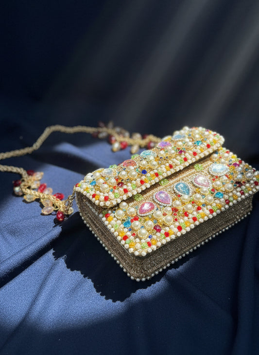 Golden Radiance Handcrafted Beaded Clutch with Multicolor Gem Embellishments