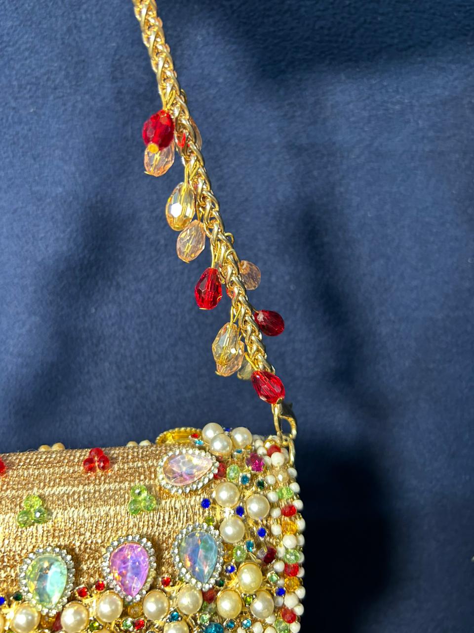 Golden Radiance Handcrafted Beaded Clutch with Multicolor Gem Embellishments