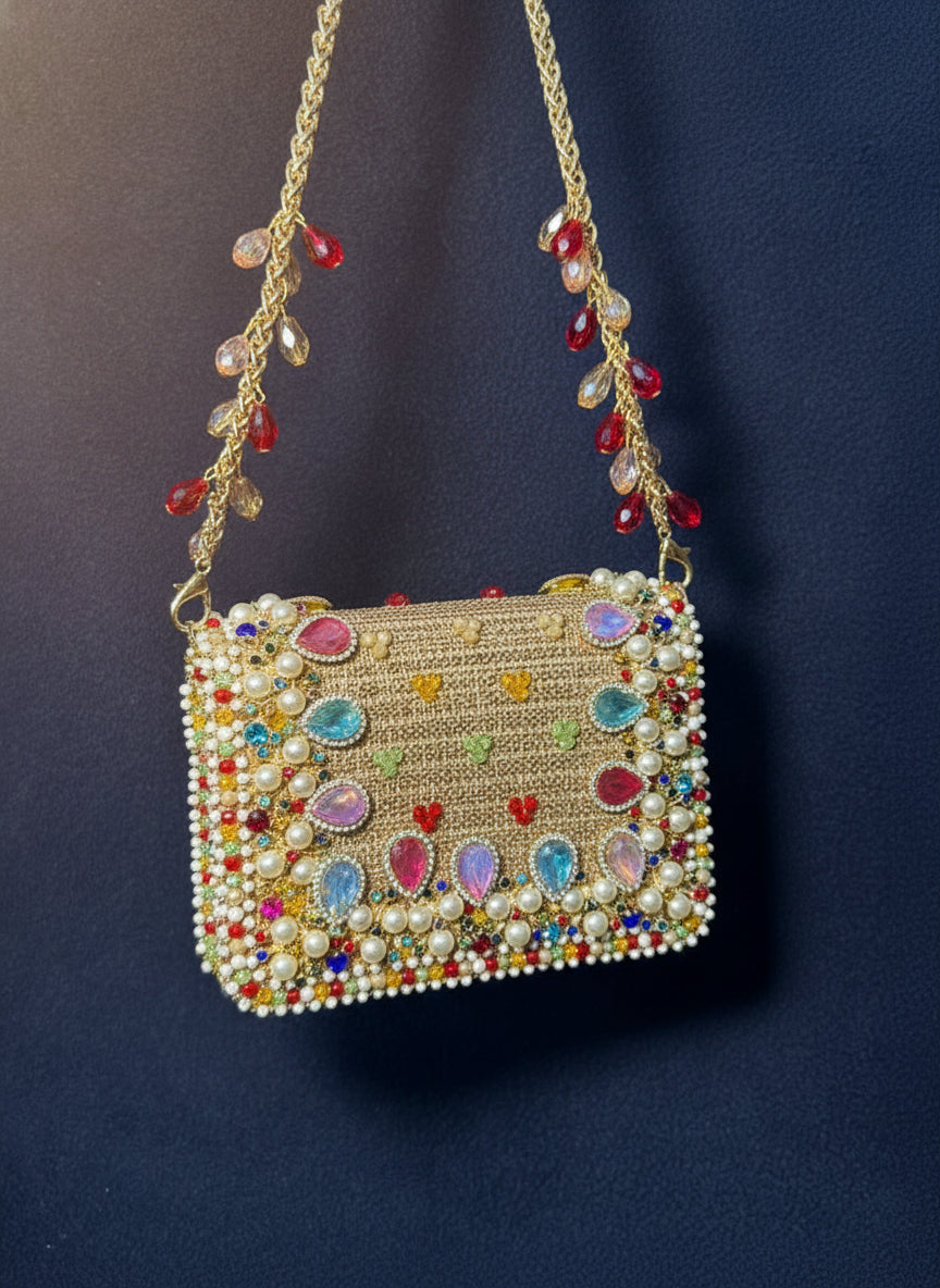 Golden Radiance Handcrafted Beaded Clutch with Multicolor Gem Embellishments