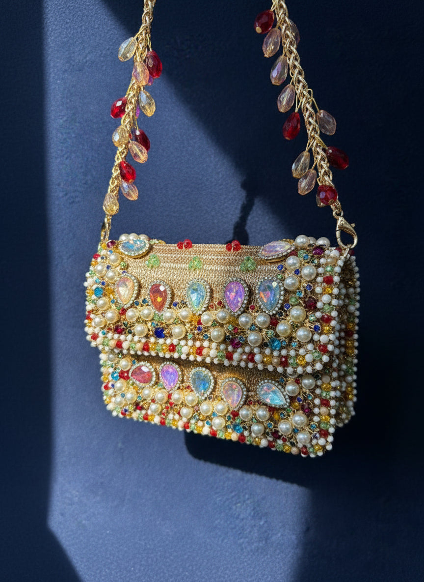 Golden Radiance Handcrafted Beaded Clutch with Multicolor Gem Embellishments