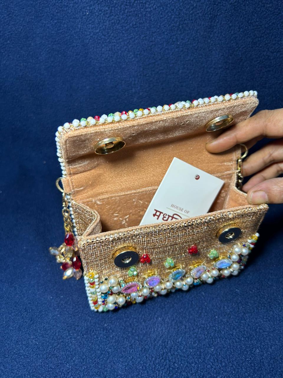 Golden Radiance Handcrafted Beaded Clutch with Multicolor Gem Embellishments