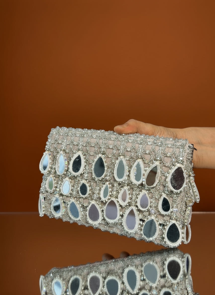 Silver Mirror Drop Beaded Clutch Bag - Handcrafted Party & Wedding Purse