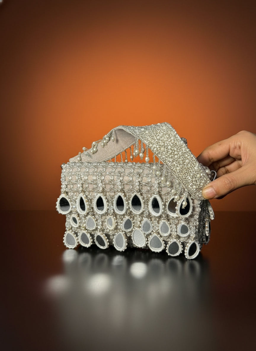 Silver Mirror Drop Beaded Clutch Bag - Handcrafted Party & Wedding Purse