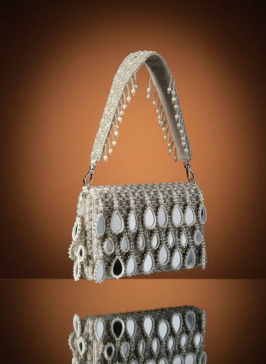 Silver Mirror Drop Beaded Clutch Bag - Handcrafted Party & Wedding Purse