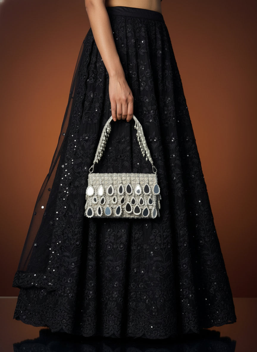 Silver Mirror Drop Beaded Clutch Bag - Handcrafted Party & Wedding Purse