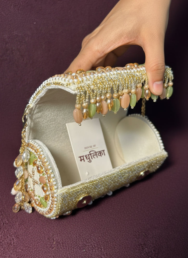 Ivory Floral Handcrafted Beaded Clutch - Embellished Party & Wedding Handbag for Women