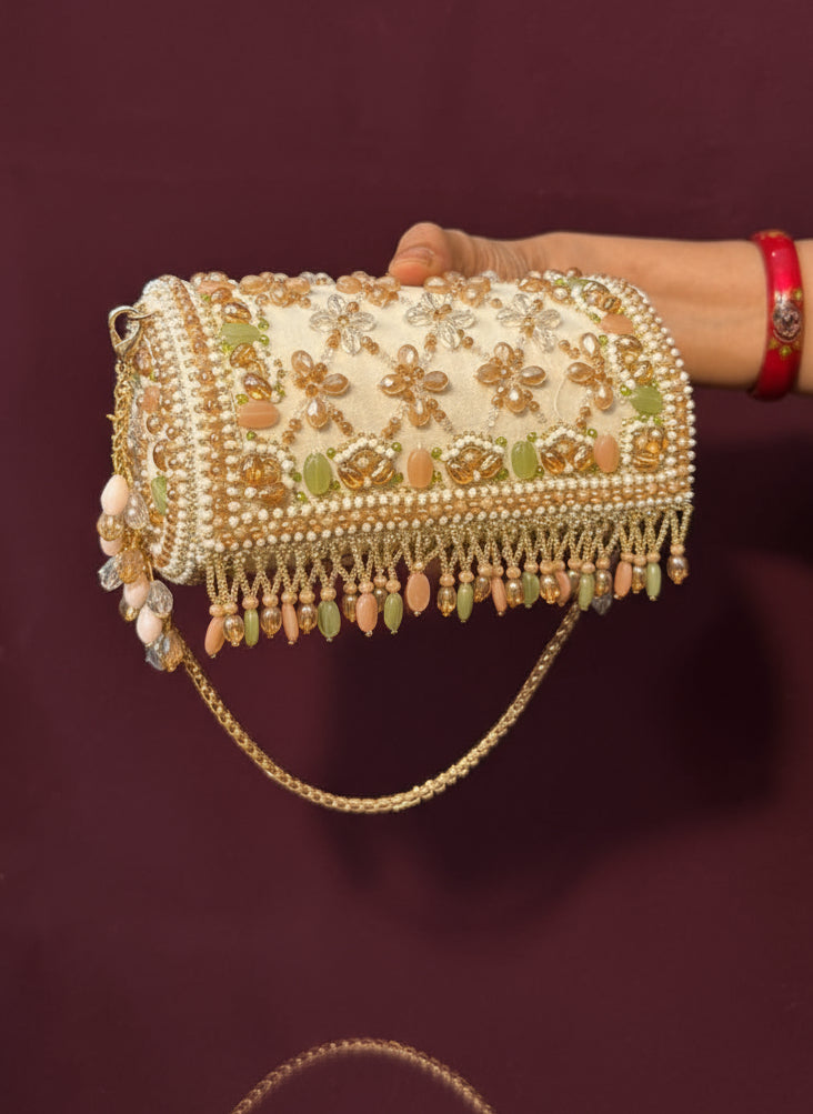 Ivory Floral Handcrafted Beaded Clutch - Embellished Party & Wedding Handbag for Women
