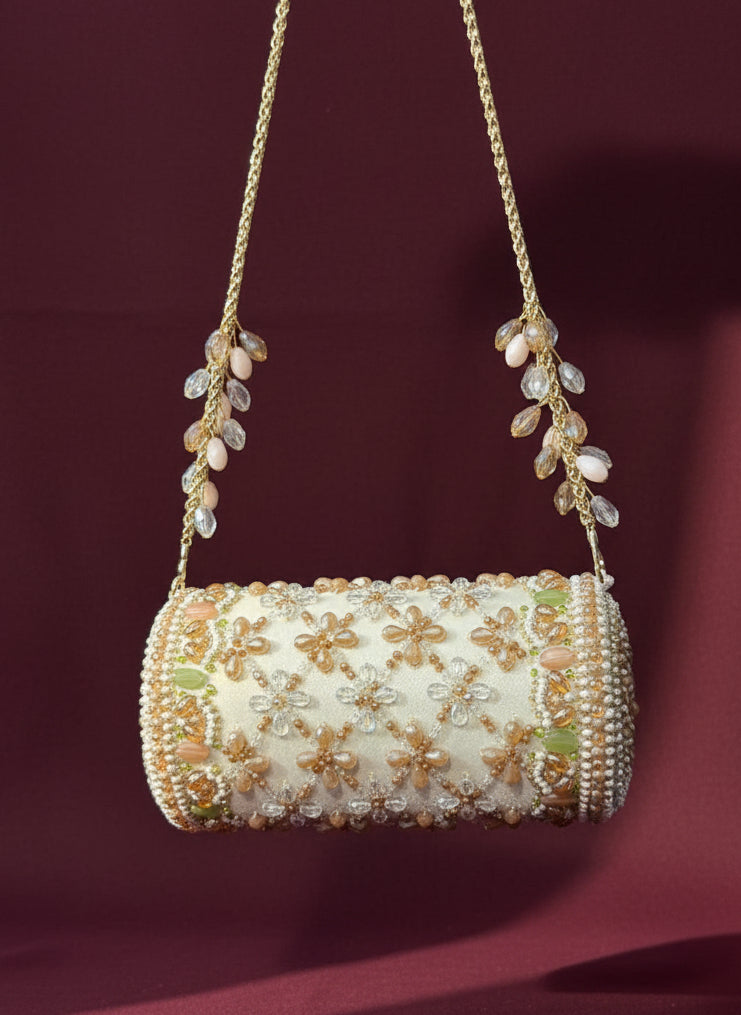 Ivory Floral Handcrafted Beaded Clutch - Embellished Party & Wedding Handbag for Women