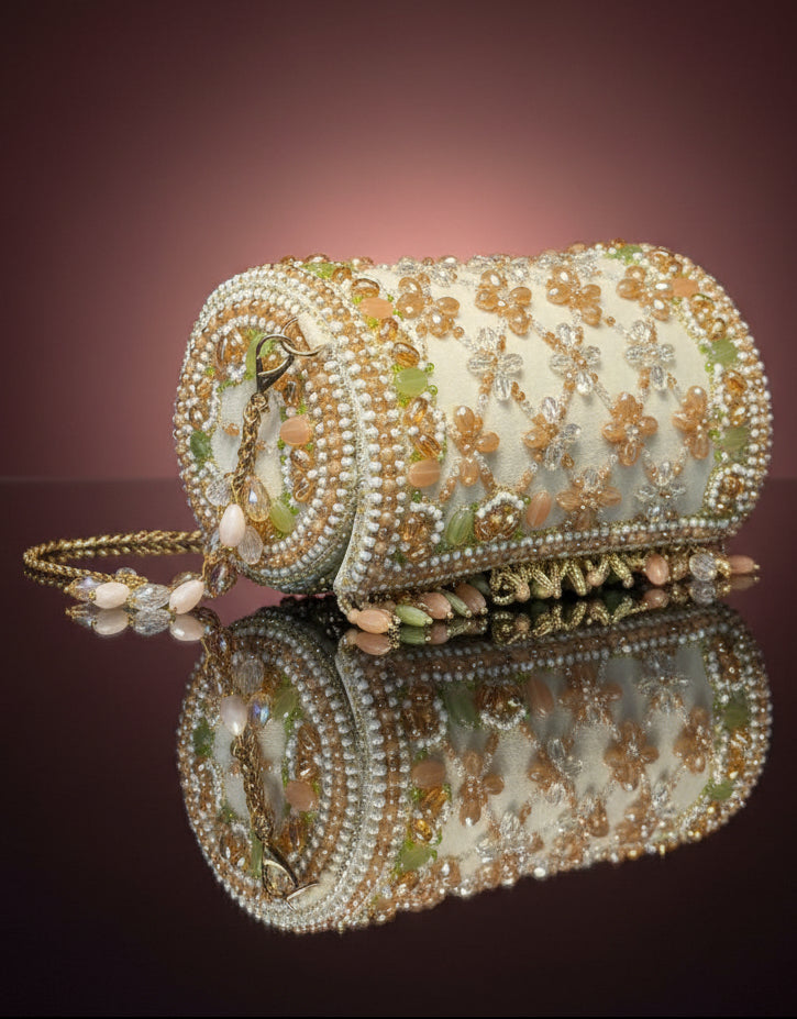 Ivory Floral Handcrafted Beaded Clutch - Embellished Party & Wedding Handbag for Women