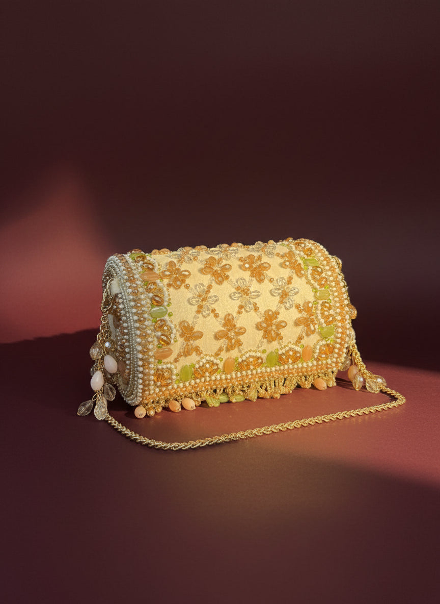 Ivory Floral Handcrafted Beaded Clutch - Embellished Party & Wedding Handbag for Women