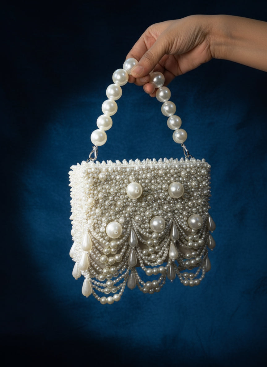 Handcrafted Pearl Beaded Clutch with Layered Detailing | Elegant Occasion Wear
