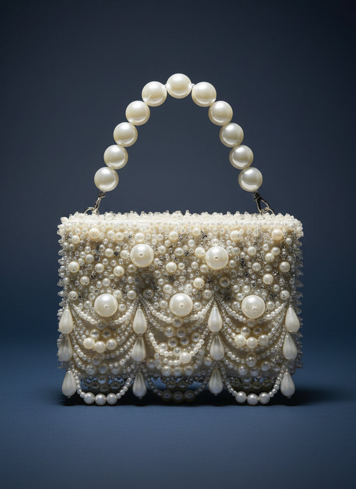 Handcrafted Pearl Beaded Clutch with Layered Detailing | Elegant Occasion Wear