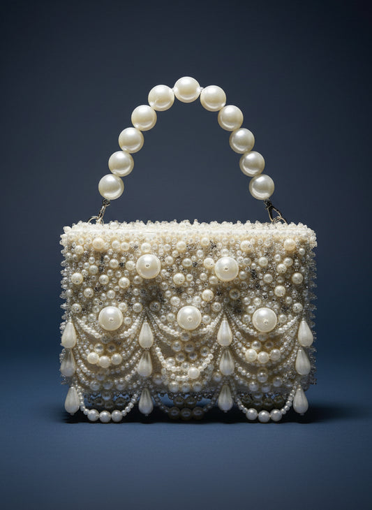 Handcrafted Pearl Beaded Clutch with Layered Detailing | Elegant Occasion Wear