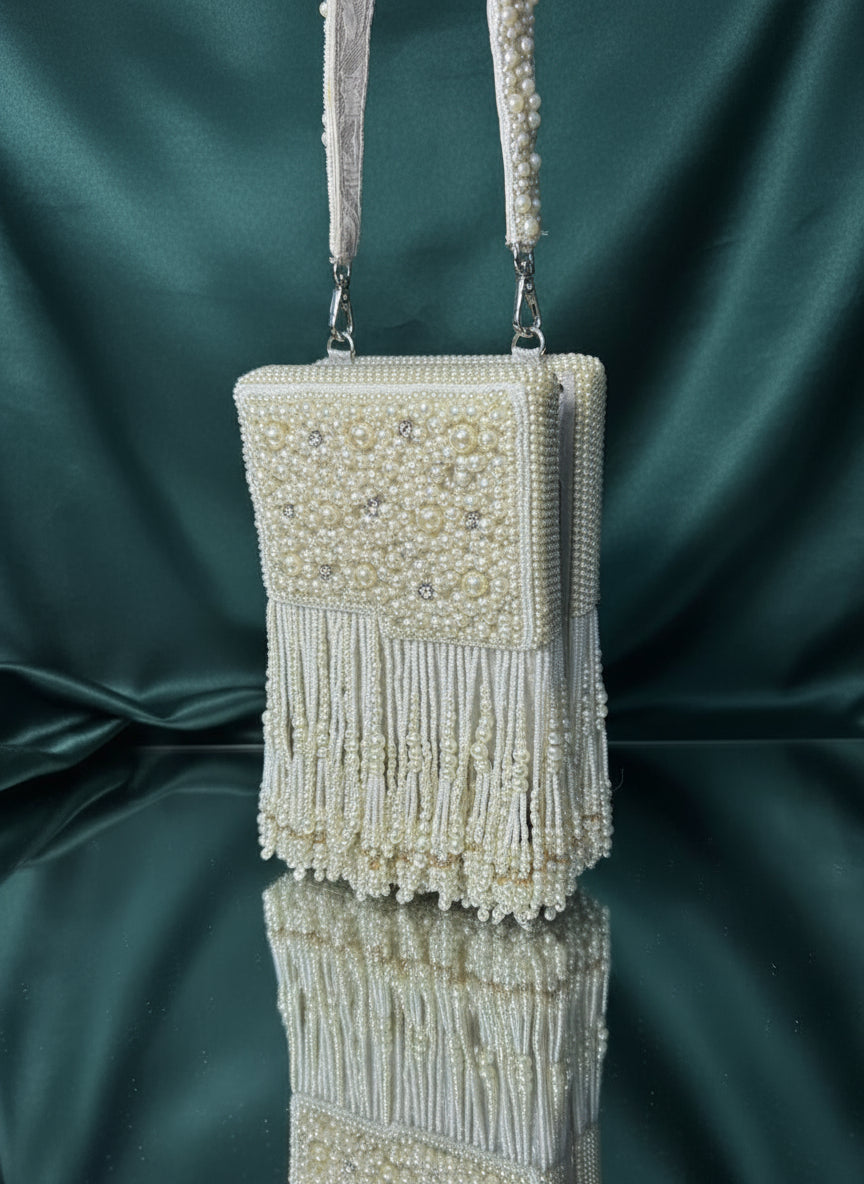 Pearl Embellished Box Clutch with Fringe Detailing | Elegant Party & Wedding Handbag for Women