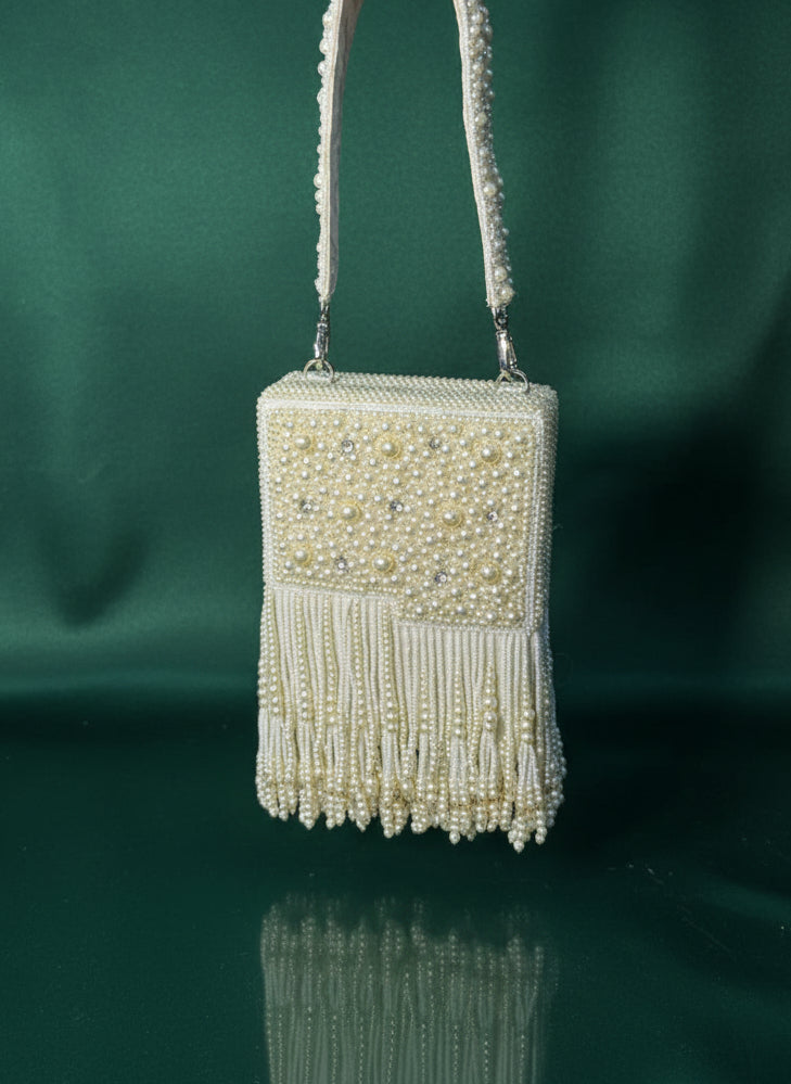 Pearl Embellished Box Clutch with Fringe Detailing | Elegant Party & Wedding Handbag for Women