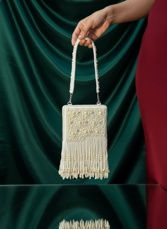 Pearl Embellished Box Clutch with Fringe Detailing | Elegant Party & Wedding Handbag for Women