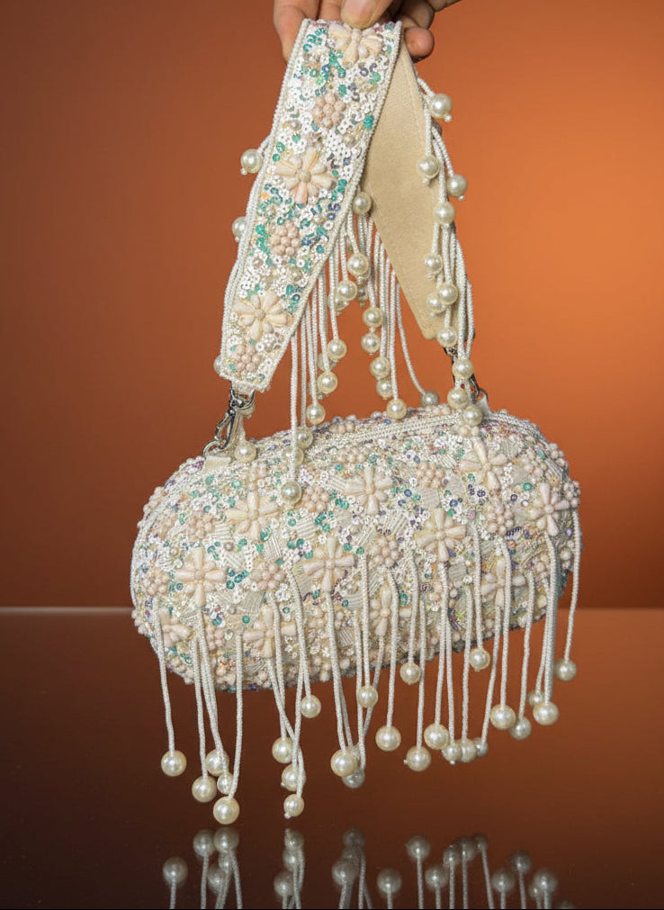 Ethereal Blossom Pearl Box Clutch-Classy Modern Touch to Wedding & Festive Season