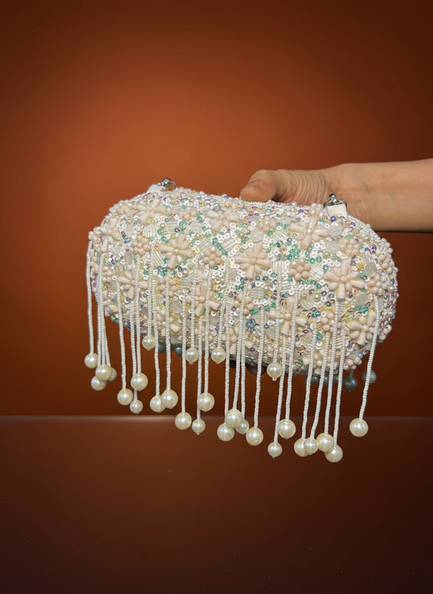Ethereal Blossom Pearl Box Clutch-Classy Modern Touch to Wedding & Festive Season
