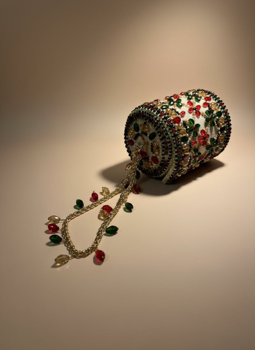 Ivory Handcrafted Multi-Color Beaded Clutch - Festive & Wedding Edit