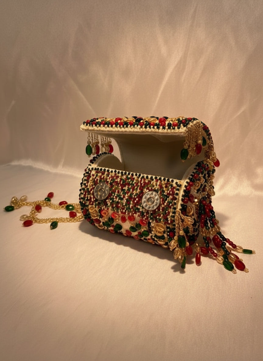 Ivory Handcrafted Multi-Color Beaded Clutch - Festive & Wedding Edit