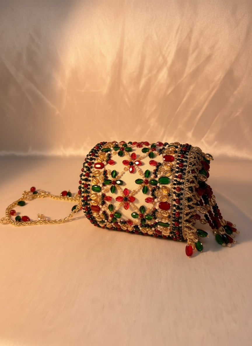 Ivory Handcrafted Multi-Color Beaded Clutch - Festive & Wedding Edit