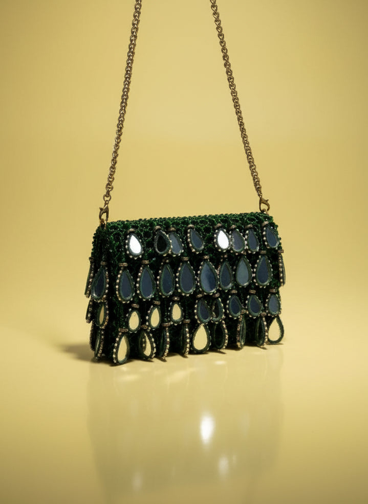 Green Mirror Drop Beaded Clutch Bag - Handcrafted Party & Wedding Purse