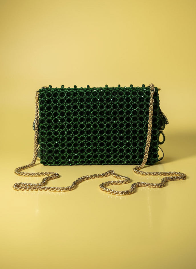 Green Mirror Drop Beaded Clutch Bag - Handcrafted Party & Wedding Purse