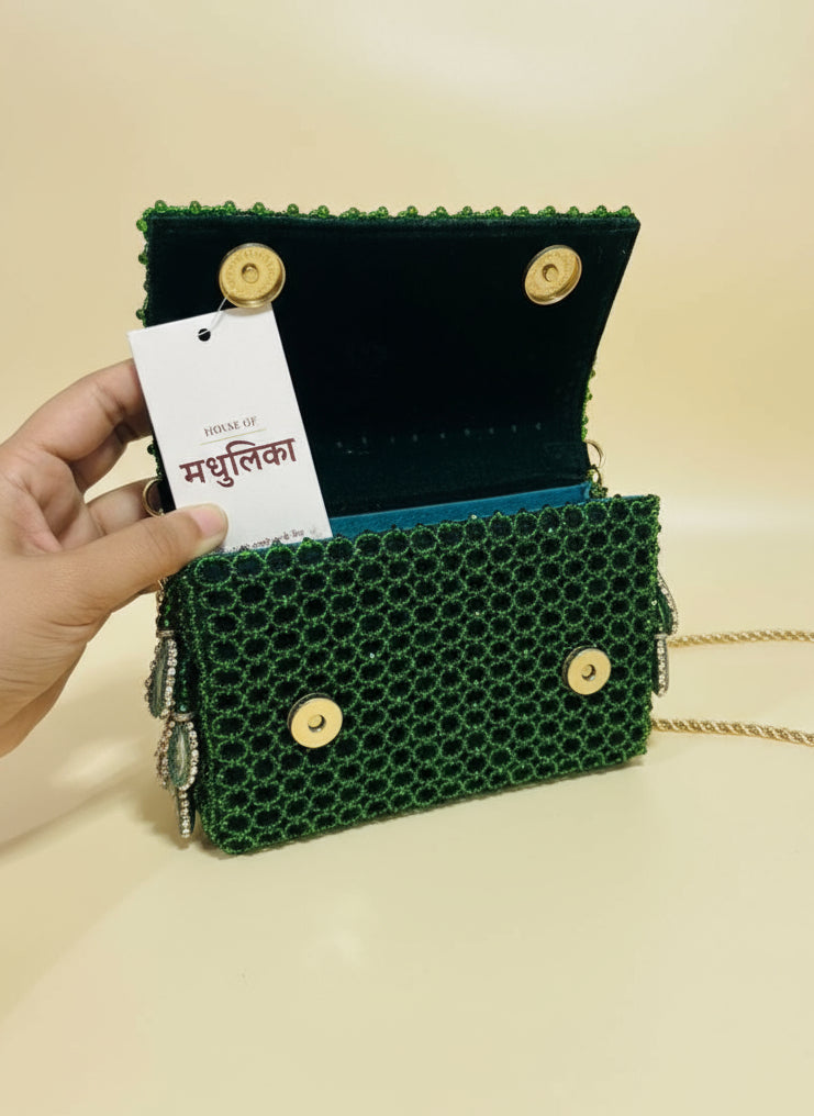 Green Mirror Drop Beaded Clutch Bag - Handcrafted Party & Wedding Purse