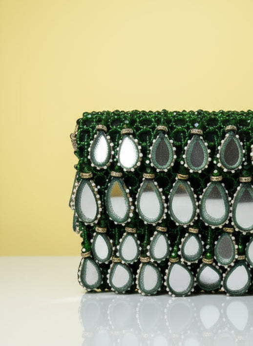 Green Mirror Drop Beaded Clutch Bag - Handcrafted Party & Wedding Purse